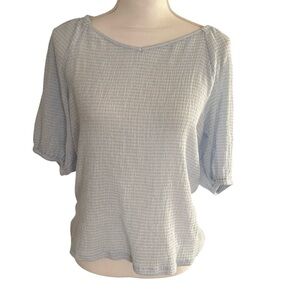 LOFT Light Blue Textured Puff Sleeve Blouse | Size L